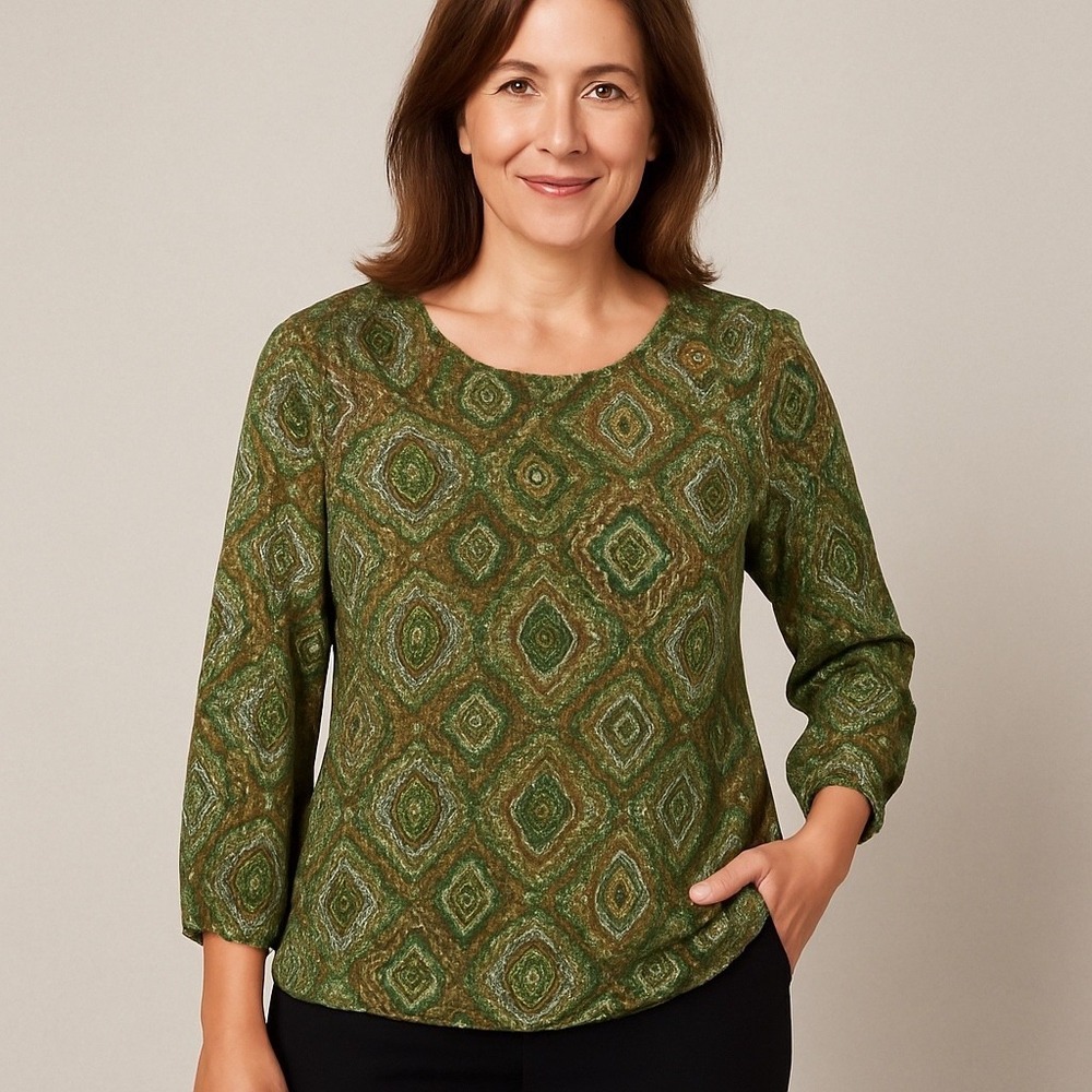 Talbots Shirt 10 Womens Green Floral Pullover Popover V Neck Silky Top